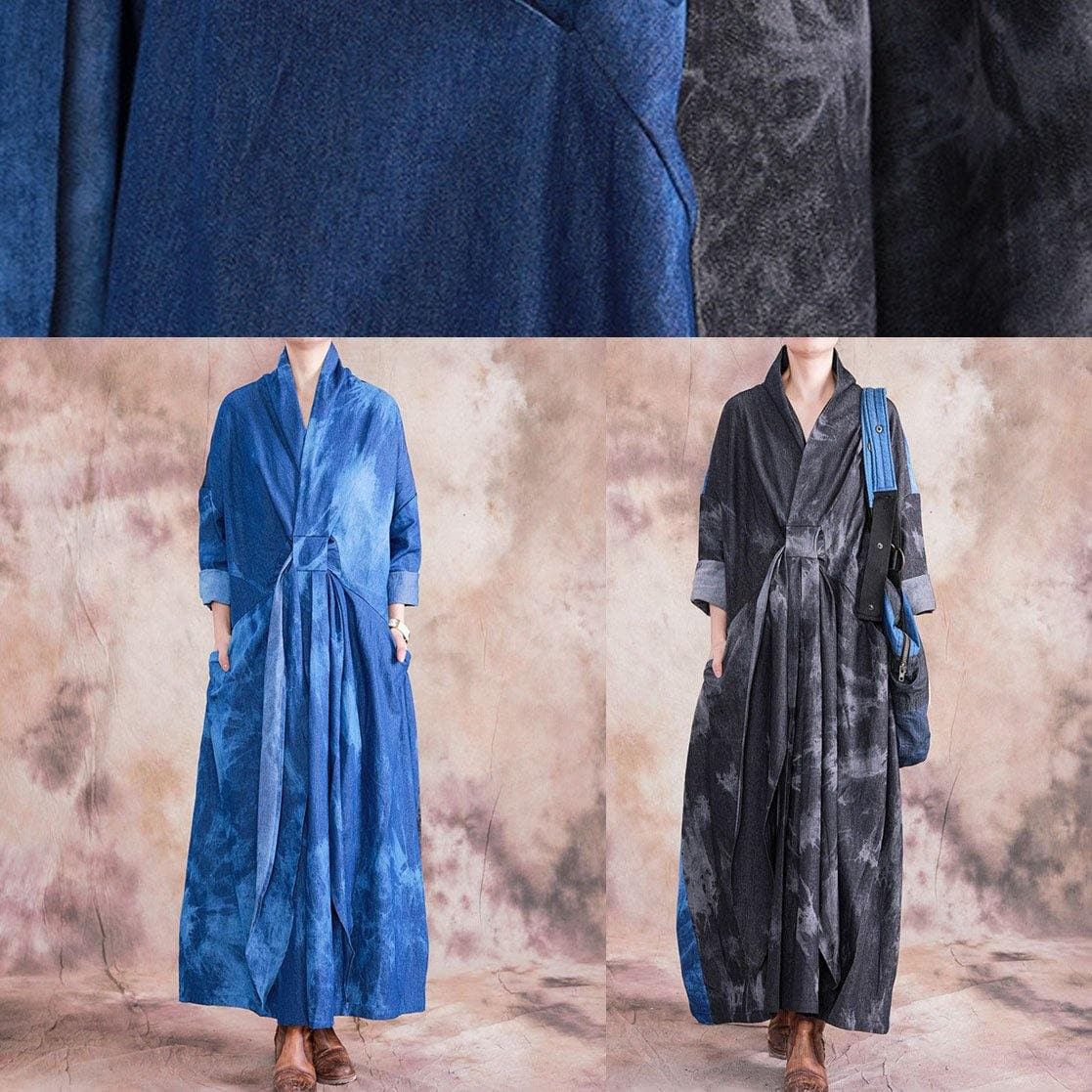 Women v neck tie waist cotton clothes denim blue A Line Dress fall