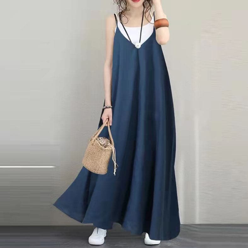 Robe longue en lin bleu pour femme Robe surdimensionnée en lin sans manches Robe à col en V pour femme