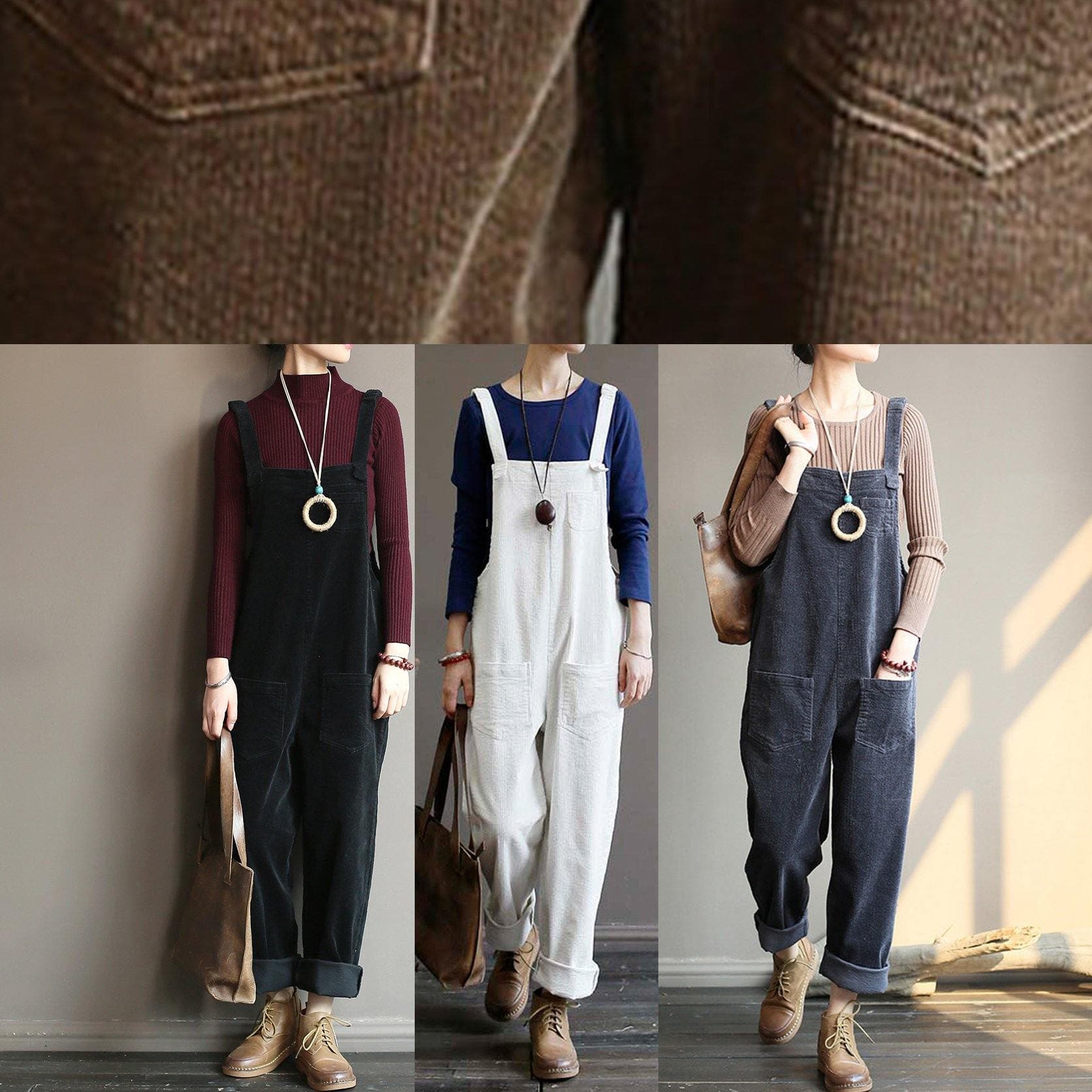 Women's autumn loose loose white corduroy overalls college jumpsuit