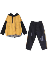 Yellow Loose Denim StitChing Suit