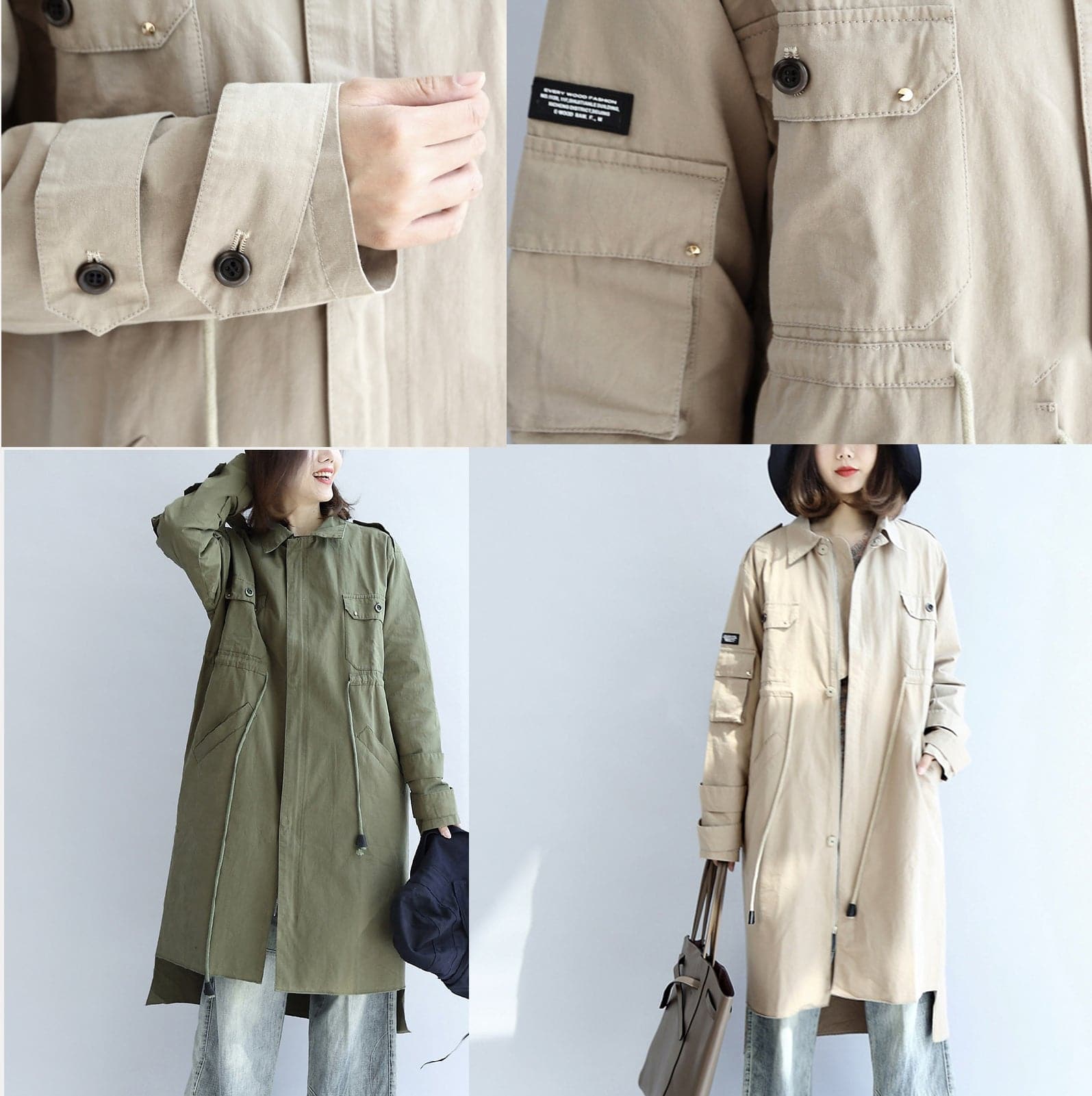 trench-coat en coton beige d'automne avec ceinture nouée, poches amples, parka à revers