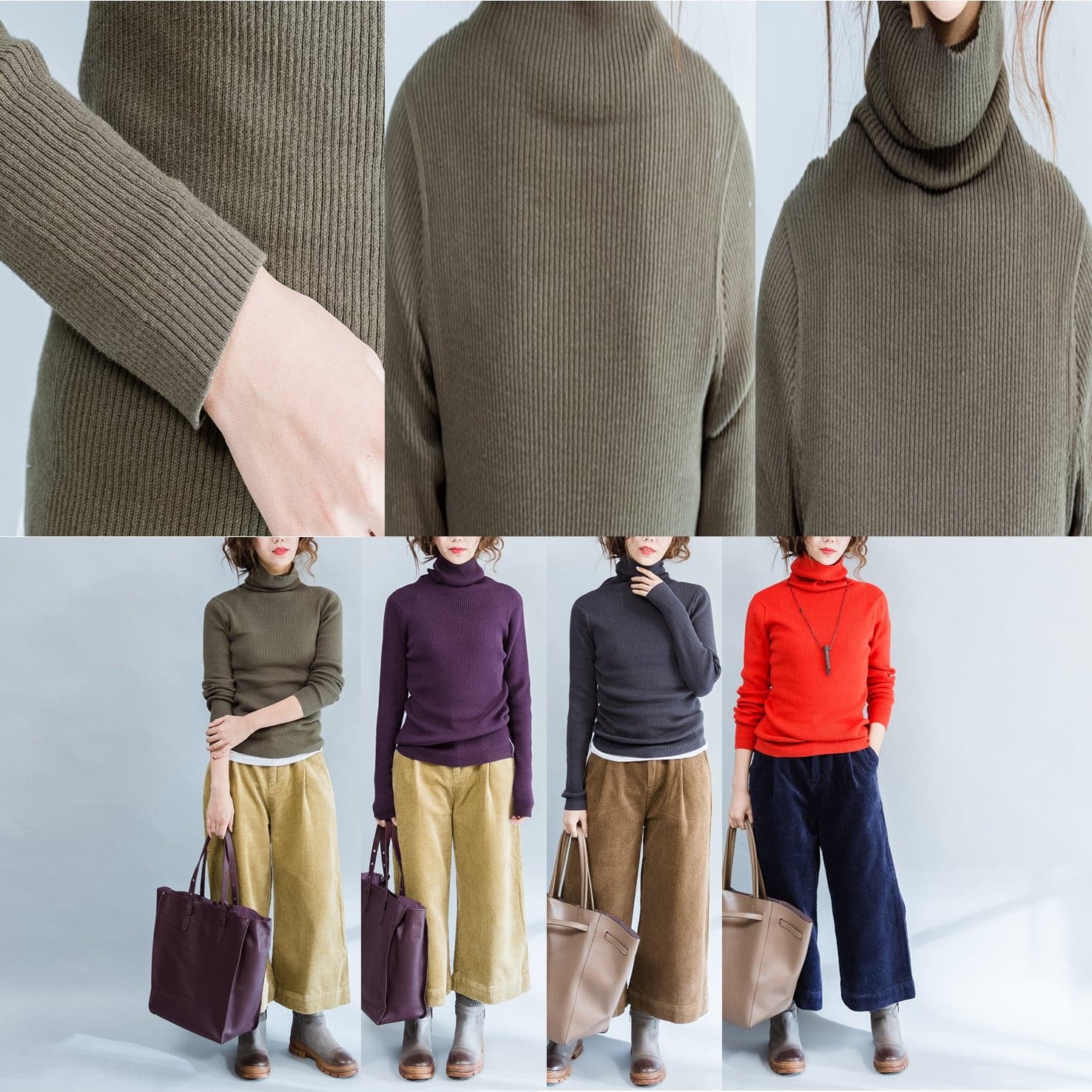 Herbst grün fit pullover mode lässig high neck stricken tops