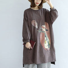 Herbst warme khaki Cartoon-Print Baumwollkleider Plus Größe Laterne Ärmel Pullover Kleid