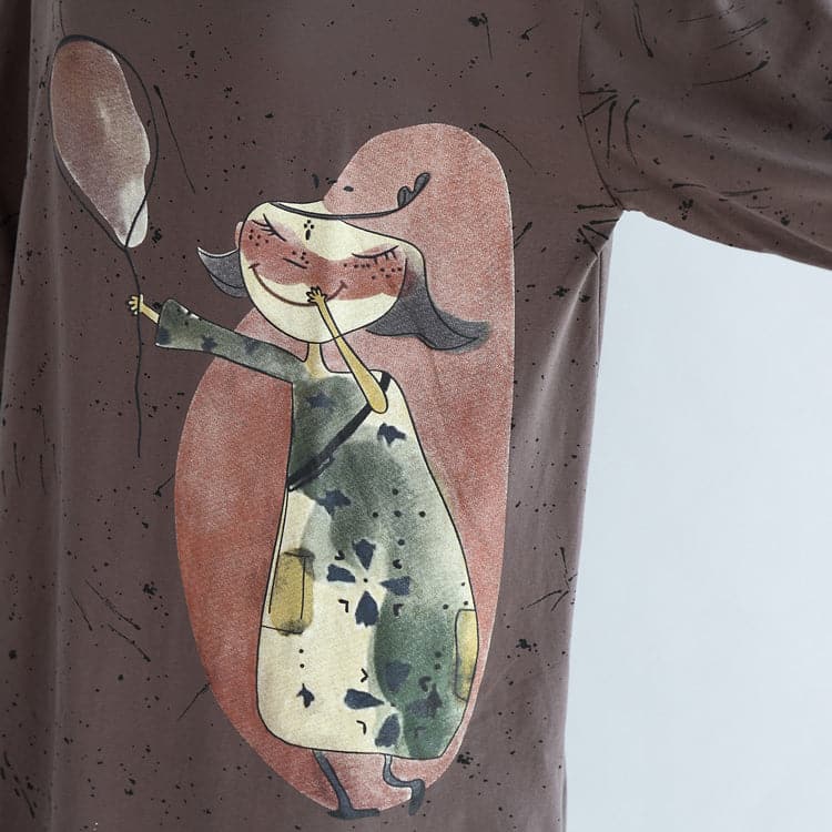 Herbst warme khaki Cartoon-Print Baumwollkleider Plus Größe Laterne Ärmel Pullover Kleid