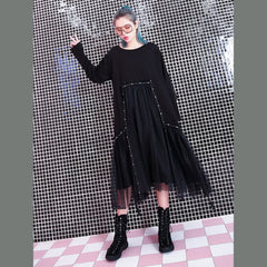 robes d'automne décontractées noires amples patchwork tulle design asymétrique femmes col rond robes au genou à rivets