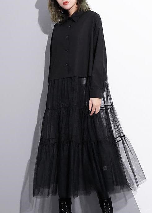 Robe ample en coton noir, vêtements décontractés en tulle patchwork, nouveaux caftans à col à revers