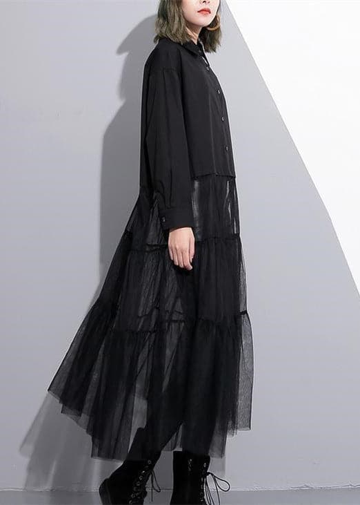 Robe ample en coton noir, vêtements décontractés en tulle patchwork, nouveaux caftans à col à revers