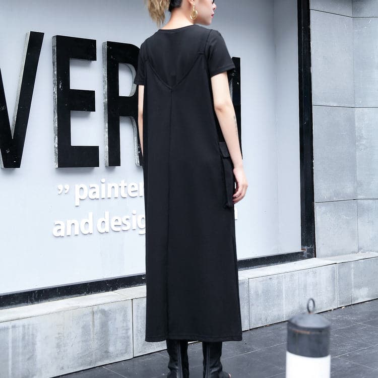 baggy black natural cotton dress trendy plus size casual dress vintage one side long hem sleeveless cotton clothing dress