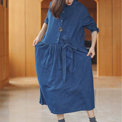 Robe longue en coton et lin bleu en denim ample et décontractée, col rabattu, taille nouée, robe de voyage, manches longues, robes amples