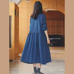 Robe longue en coton et lin bleu en denim ample et décontractée, col rabattu, taille nouée, robe de voyage, manches longues, robes amples