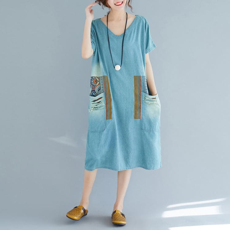 baggy denim blue pure cotton dresses plus size clothing holiday dresses New short sleeve pockets v neck print dress