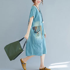 baggy denim blue pure cotton dresses plus size clothing holiday dresses New short sleeve pockets v neck print dress