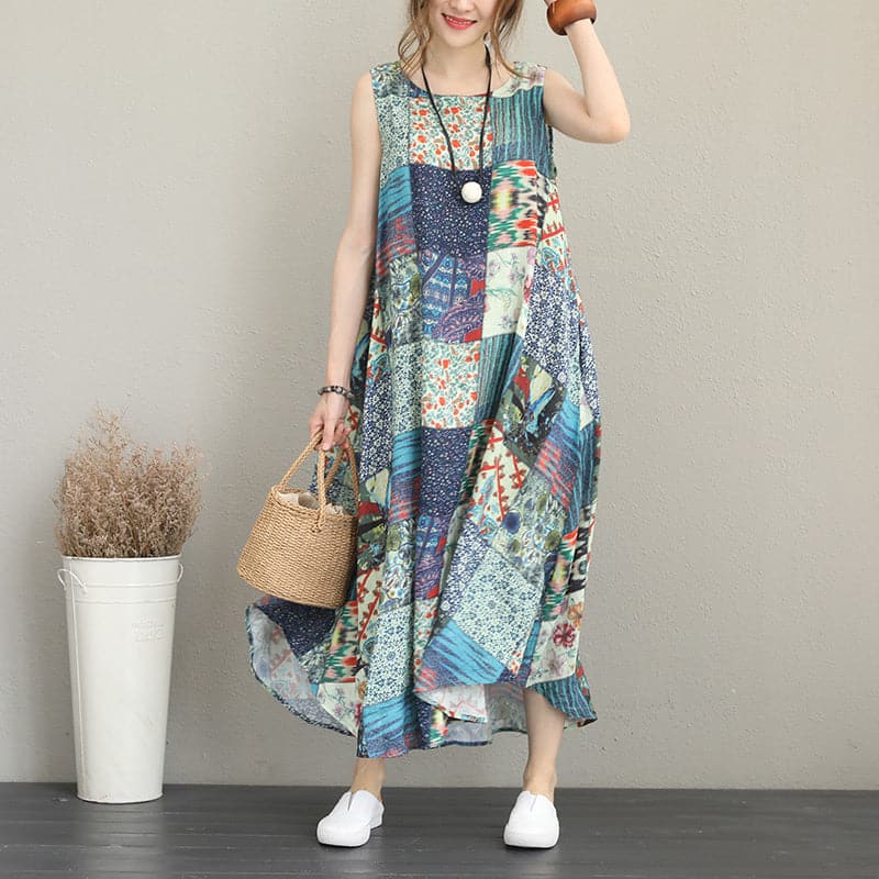 baggy patchwork prints linen dresses Loose fitting sleeveless traveling clothing casual big hem linen caftans