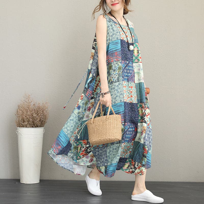 baggy patchwork prints linen dresses Loose fitting sleeveless traveling clothing casual big hem linen caftans