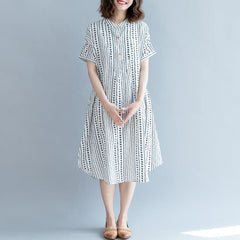 baggy white floral chiffon shift dress oversized casual dress New short sleeve pockets Stand baggy dresses