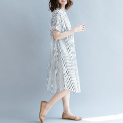 baggy white floral chiffon shift dress oversized casual dress New short sleeve pockets Stand baggy dresses