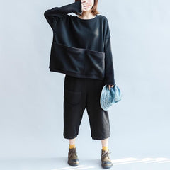 black big pockets two pieces knit tops with sweat pant oversize casual sport suit