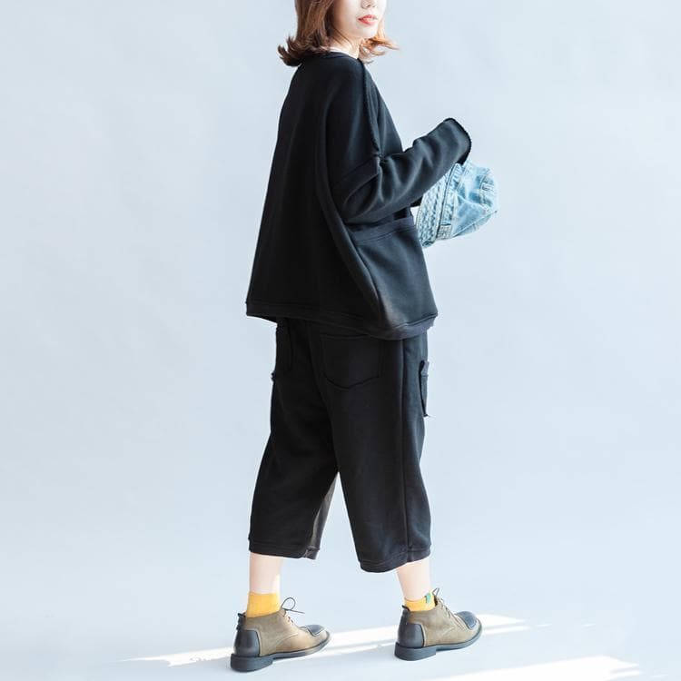 black big pockets two pieces knit tops with sweat pant oversize casual sport suit