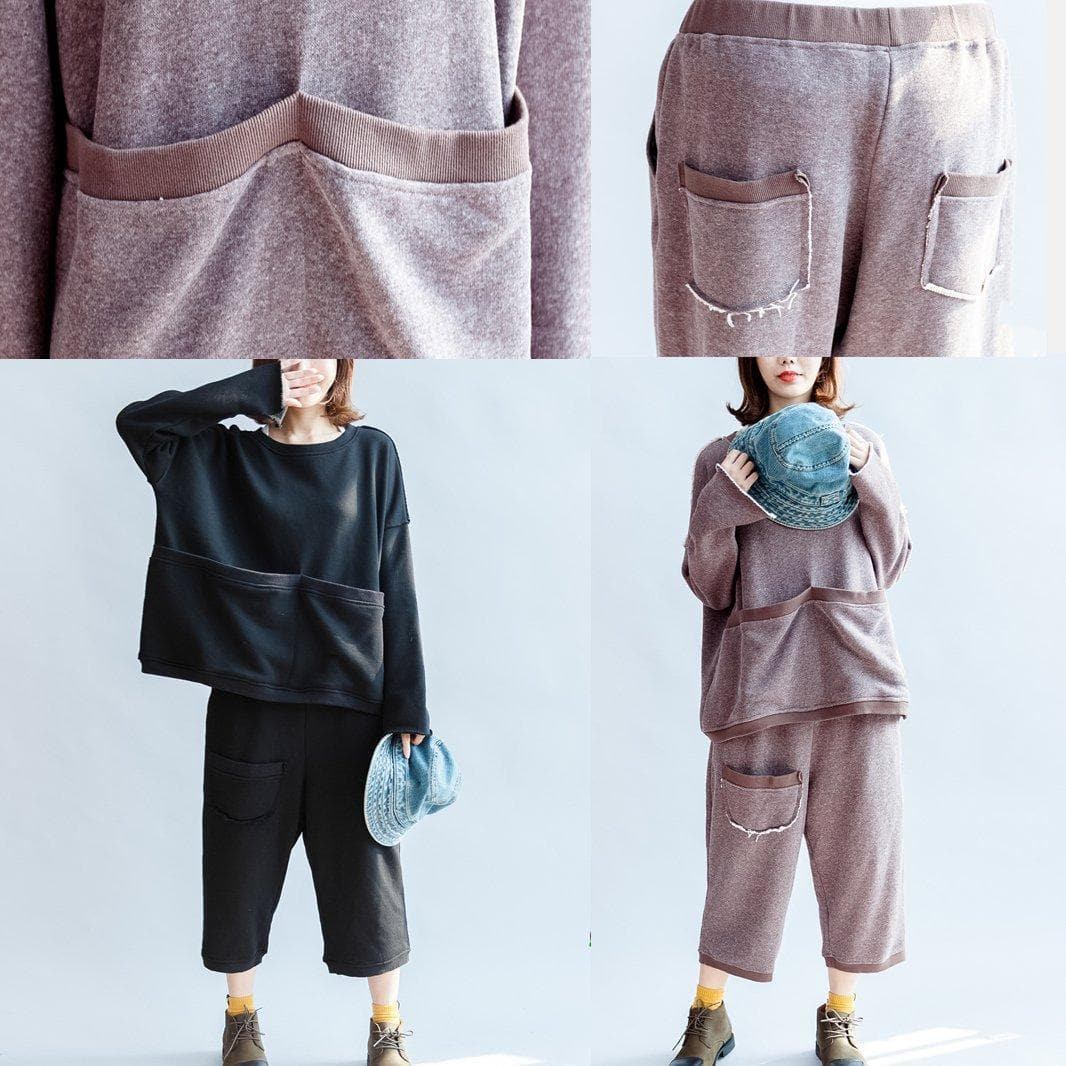 black big pockets two pieces knit tops with sweat pant oversize casual sport suit