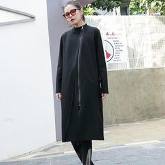 black cotton Coats plus size stand collar long coat Elegant zippered Coat