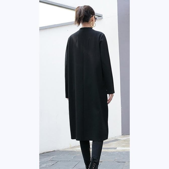 black cotton Coats plus size stand collar long coat Elegant zippered Coat