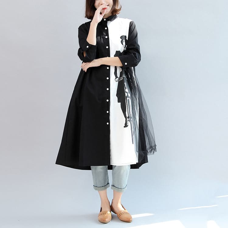 black white patchwork cotton outwear oversize casual long sleeve cardigans