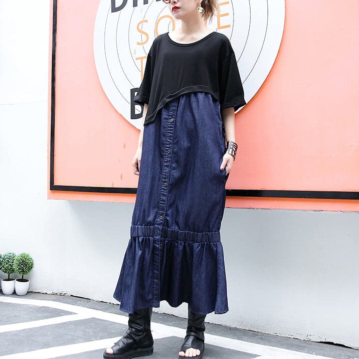 blue cotton dresses oversized patchwork cotton clothing dresses 2018 Fishtail maxi dresses