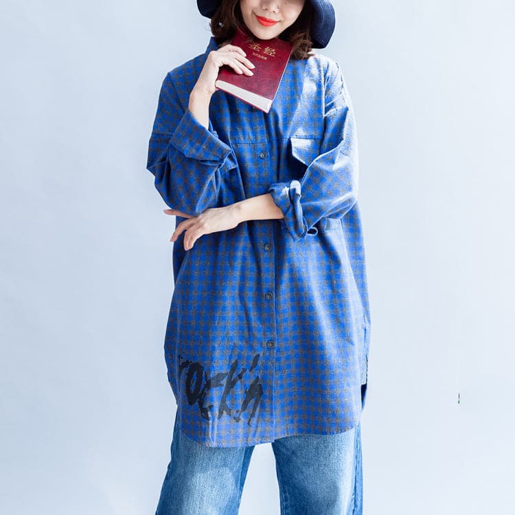 blue fashion casual grid prints cotton blouse oversize turn-down collar shirt