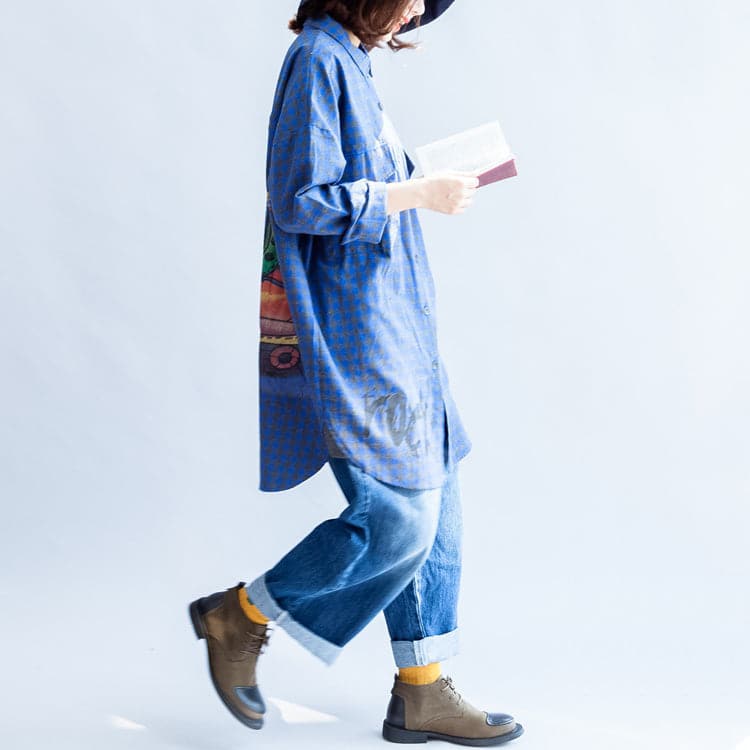 blue fashion casual grid prints cotton blouse oversize turn-down collar shirt