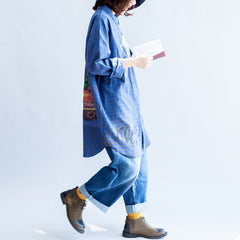 blue fashion casual grid prints cotton blouse oversize turn-down collar shirt