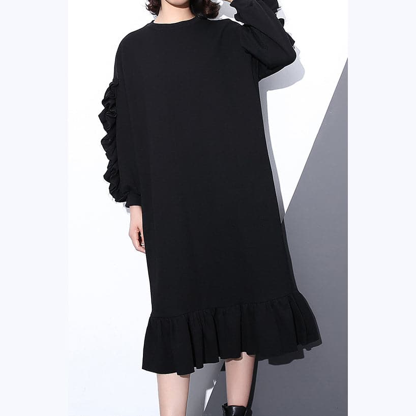 boutique robe noire en coton d'automne tendance grande taille robe en coton à col rond 2018 à manches longues robes maxi cintrées