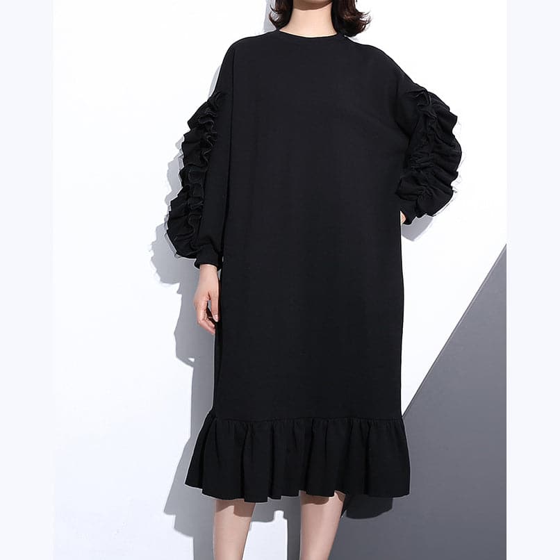 boutique robe noire en coton d'automne tendance grande taille robe en coton à col rond 2018 à manches longues robes maxi cintrées