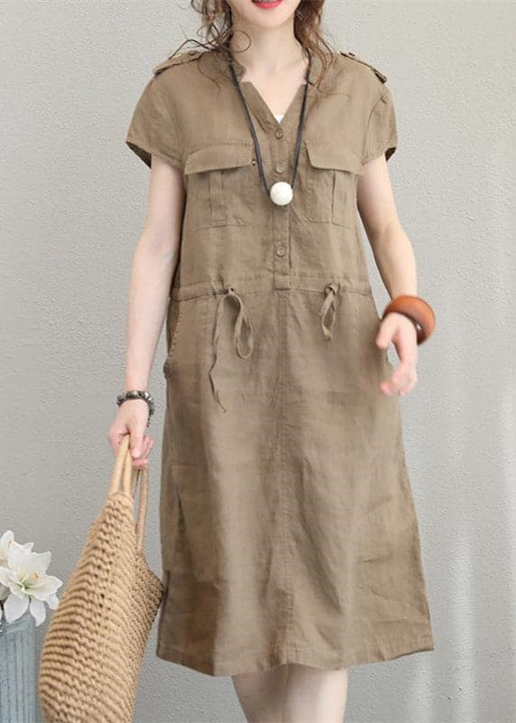 boutique khaki linen dresses plus size linen clothing dresses Elegant drawstring v neck midi dress