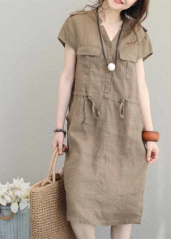 boutique khaki linen dresses plus size linen clothing dresses Elegant drawstring v neck midi dress