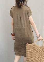 boutique khaki linen dresses plus size linen clothing dresses Elegant drawstring v neck midi dress