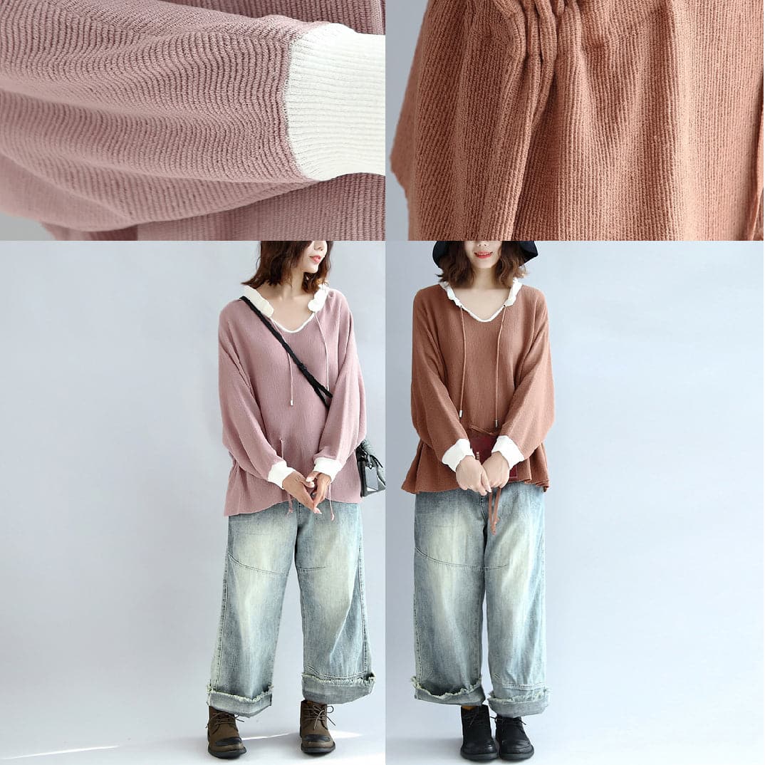 brown plus size cotton sweaters pullover drawstring long sleeve knit tops