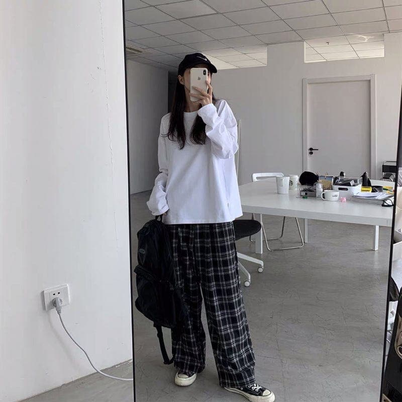 Black and White Plaid Wide Leg Pants