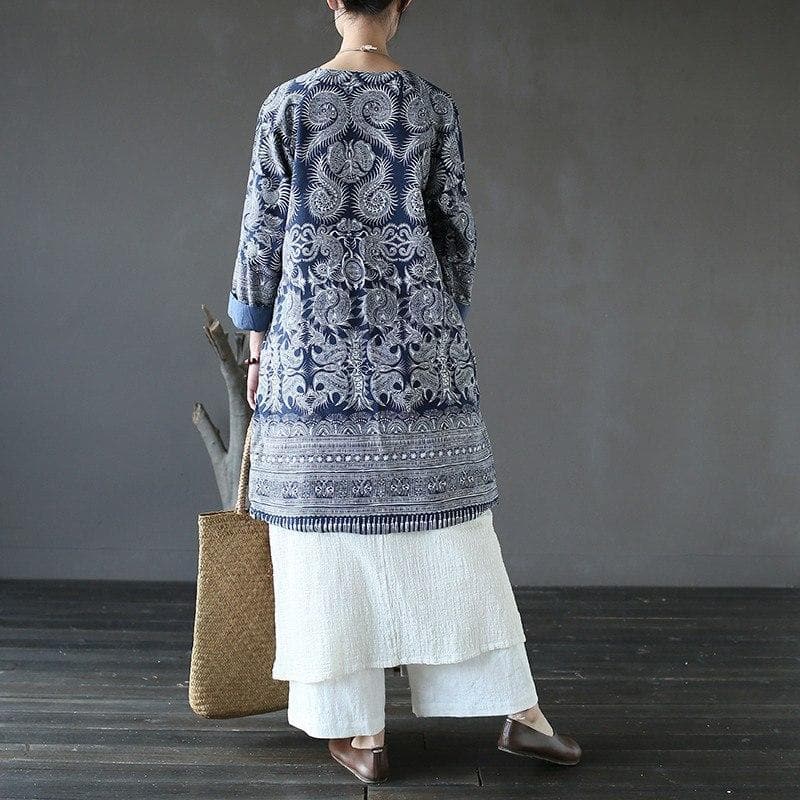 Blue and White Long Linen Cardigan