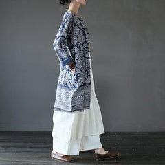 Blue and White Long Linen Cardigan