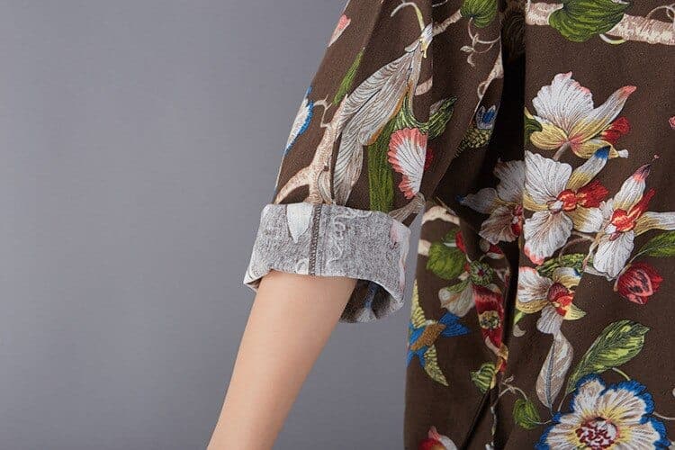 Robe mi-longue vintage à motifs d'oiseaux et de fleurs