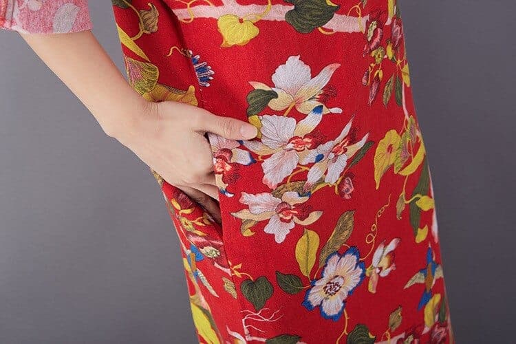 Robe mi-longue vintage à motifs d'oiseaux et de fleurs