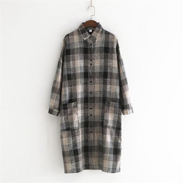 Robe chemise décontractée en lin à carreaux