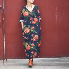 Robe mi-longue en lin fleuri