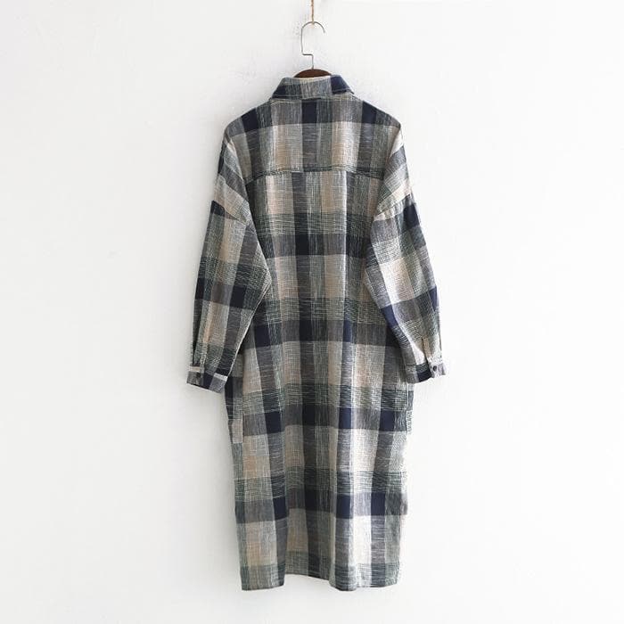 Robe chemise décontractée en lin à carreaux