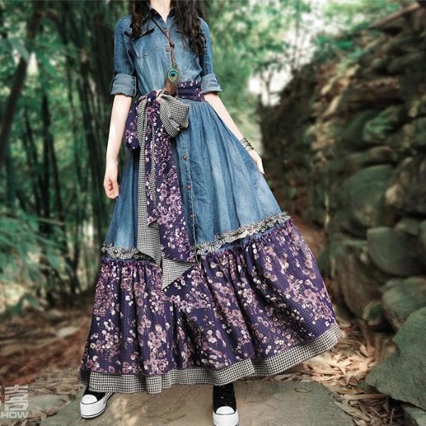 Robe en jean à patchwork fleuri | Mandala