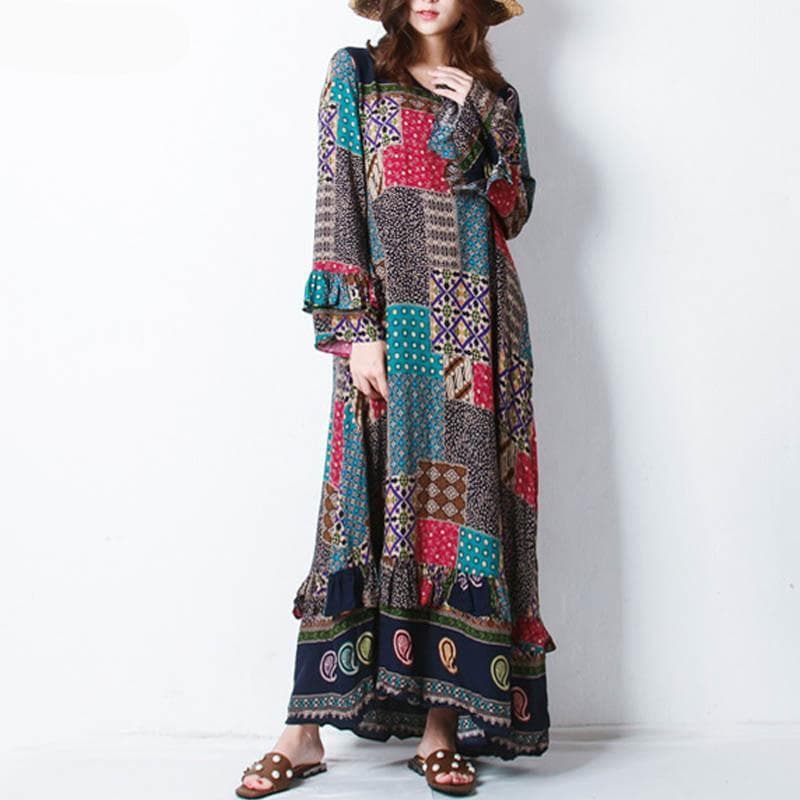 Robe hippie à manches longues et patchwork floral