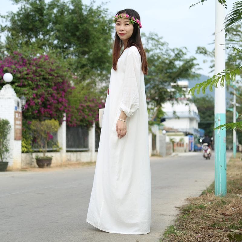 Robe longue blanche en coton et lin Hippie at Heart | Zen