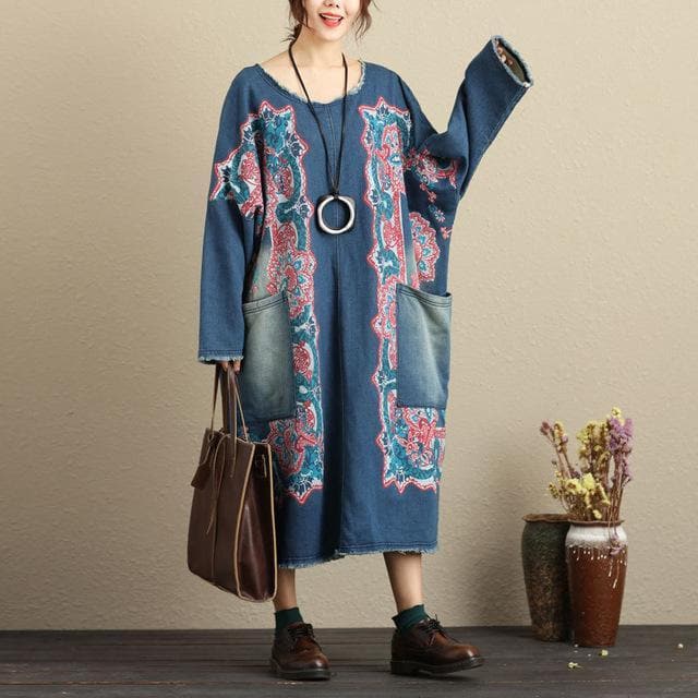 Robe en jean patchwork flash avec grandes poches