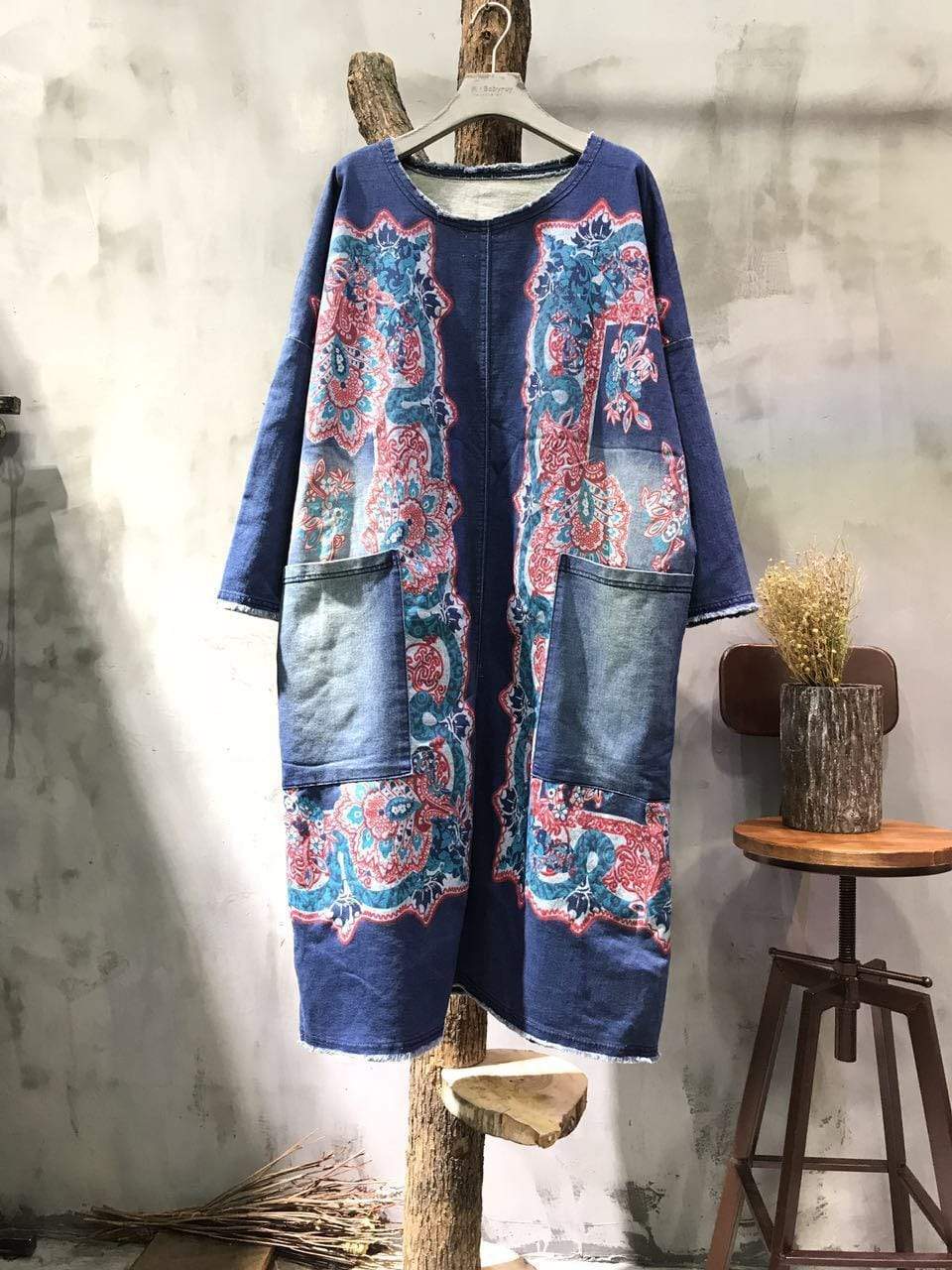 Robe en jean patchwork flash avec grandes poches