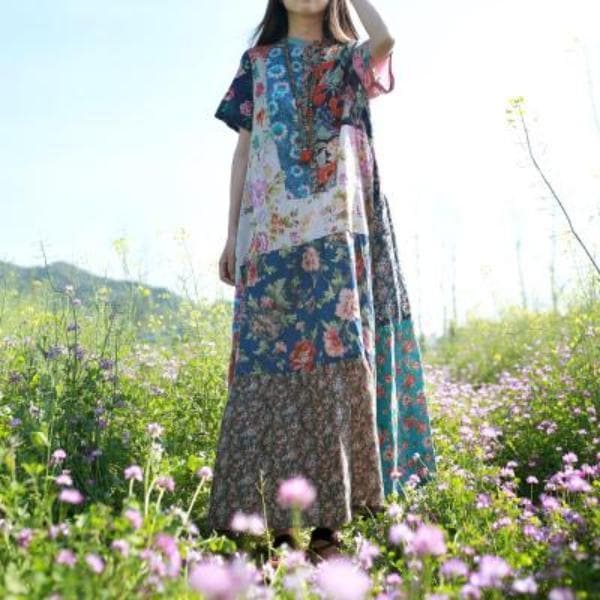 Robe hippie multicolore à patchwork aléatoire